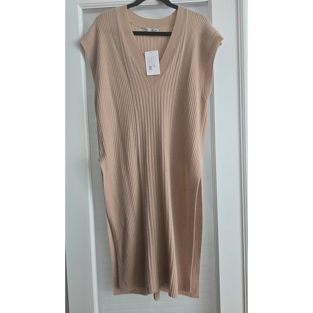 Autumn Cashmere Sleeveless‎ Ribbed V Neck Midi Tunic Sweater Dress Beige Large